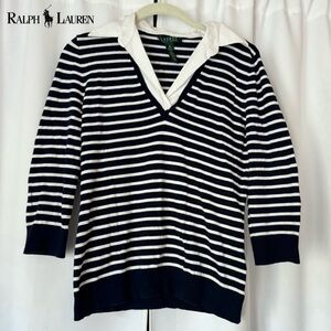 Ralph Lauren Blue & White 2 in 1 Collared Striped Cotton Sweater Size Medium